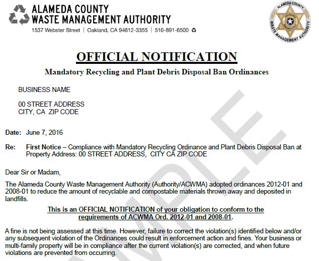 Enforcement Letter Samples Recycling Rules Alameda County